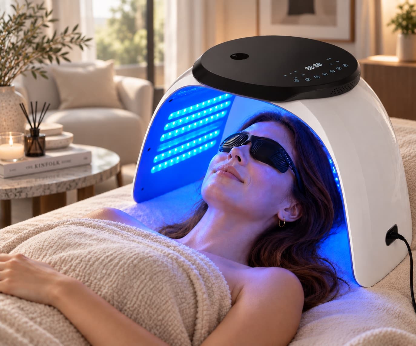 Woman wearing eye shields lying beneath the RoseLume infuser’s arched canopy, illuminated in blue light