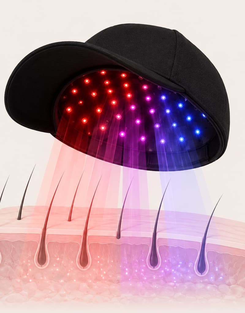 Illustration of the H-MAX cap projecting red, purple and blue light across the scalp area