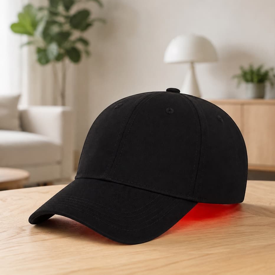 RoseLume H-MAX fitted inside a black baseball cap, resting on a wooden table with a soft red glow beneath the brim