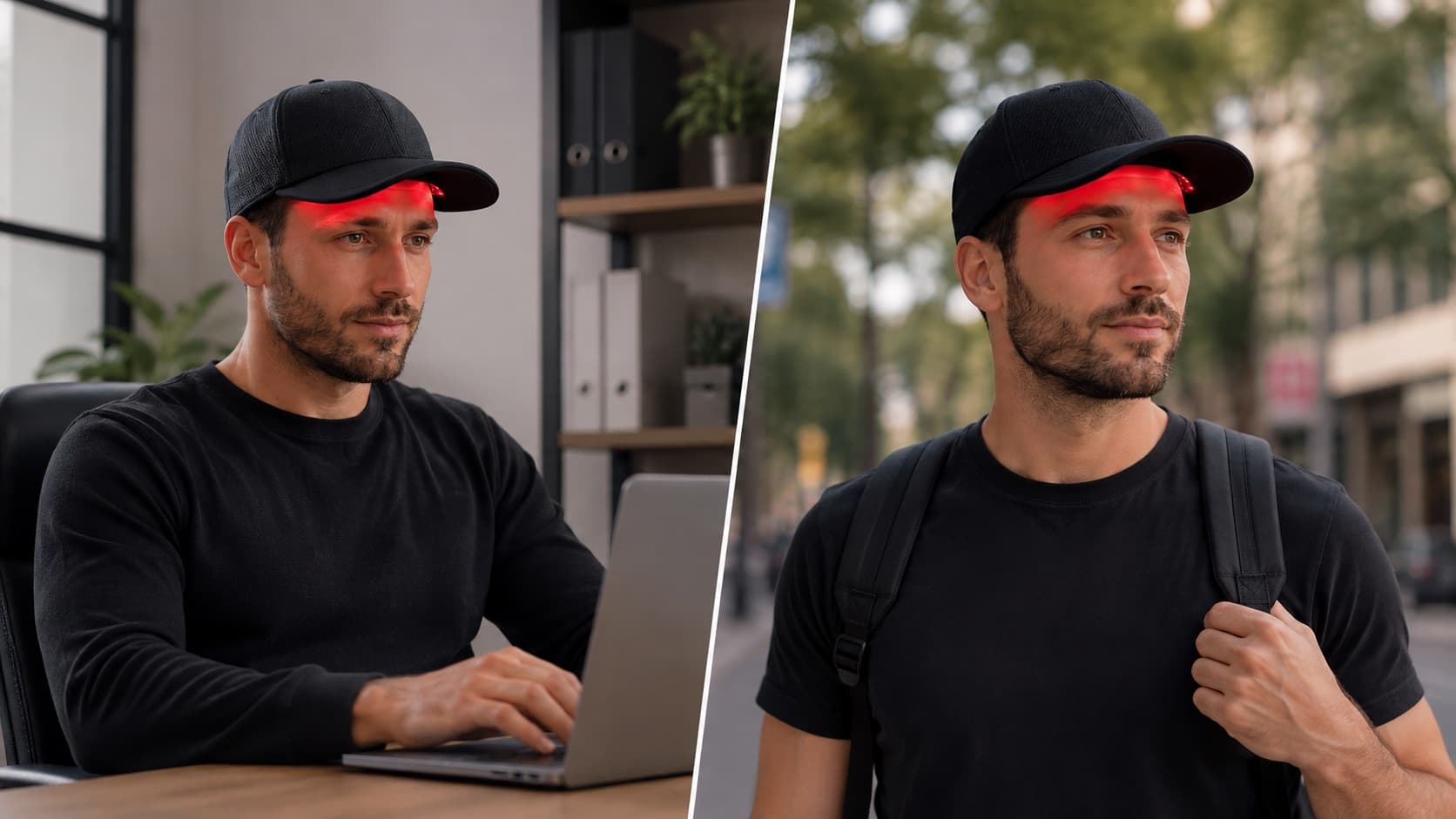 The H-MAX cap worn while working at a laptop and while walking outdoors