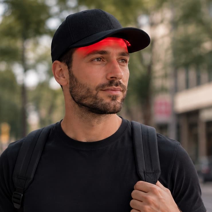 Man wearing the H-MAX cap outdoors with red light visible beneath the brim