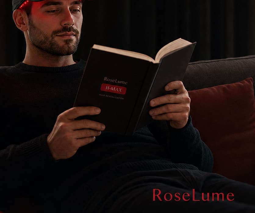 Man reading on a sofa while wearing the H-MAX cap