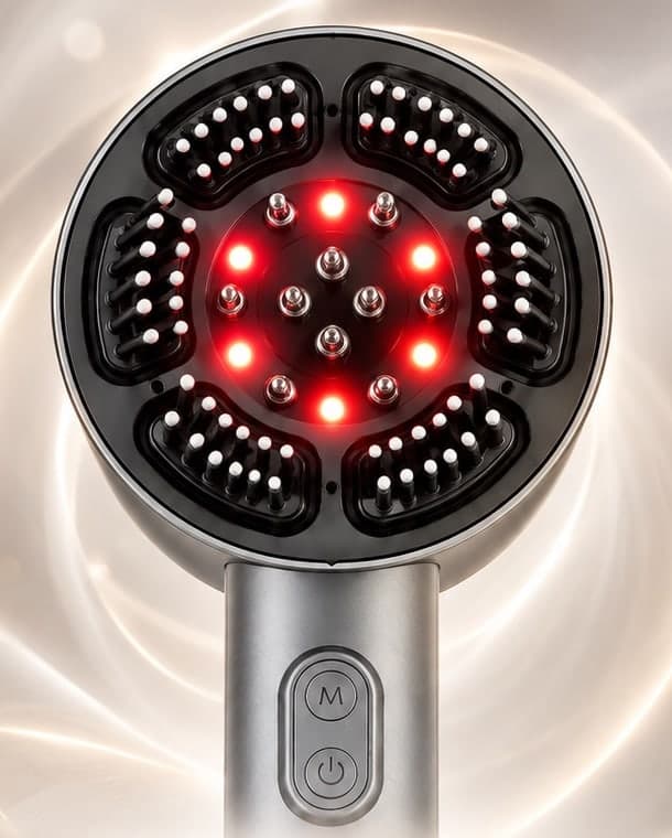 Front view of the comb head: eight red lights and contact pins in the centre, surrounded by six bristle pads, with M and power buttons on the handle