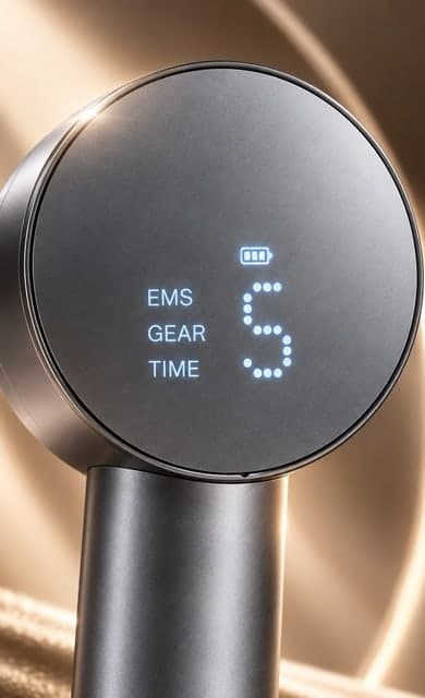 The back of the comb head with its display showing EMS, gear, time and battery level
