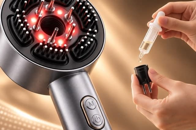 Serum being dropped from a pipette into the comb’s removable liquid chamber beside the comb head