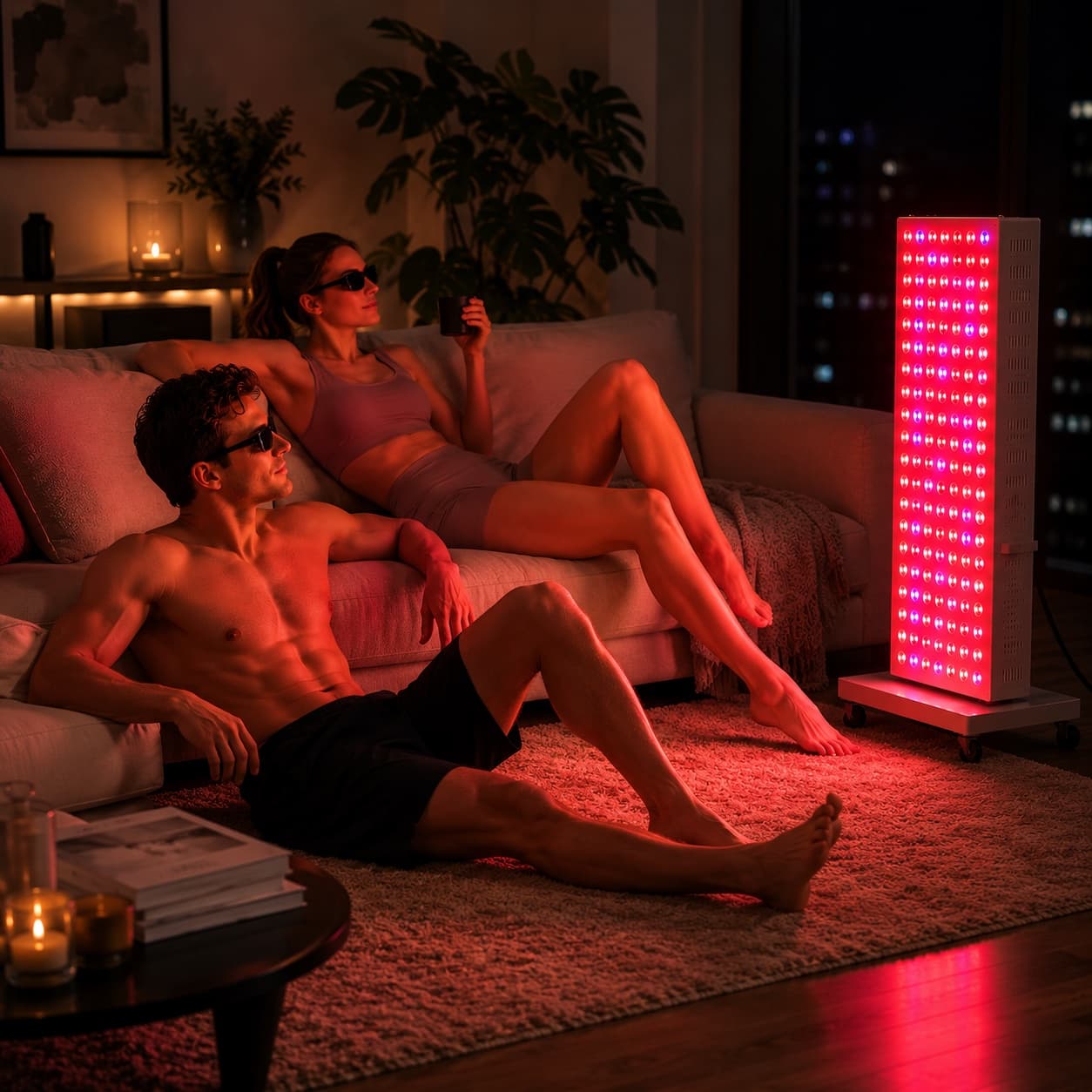 Two people relaxing in a lounge near the illuminated Elite Series panel