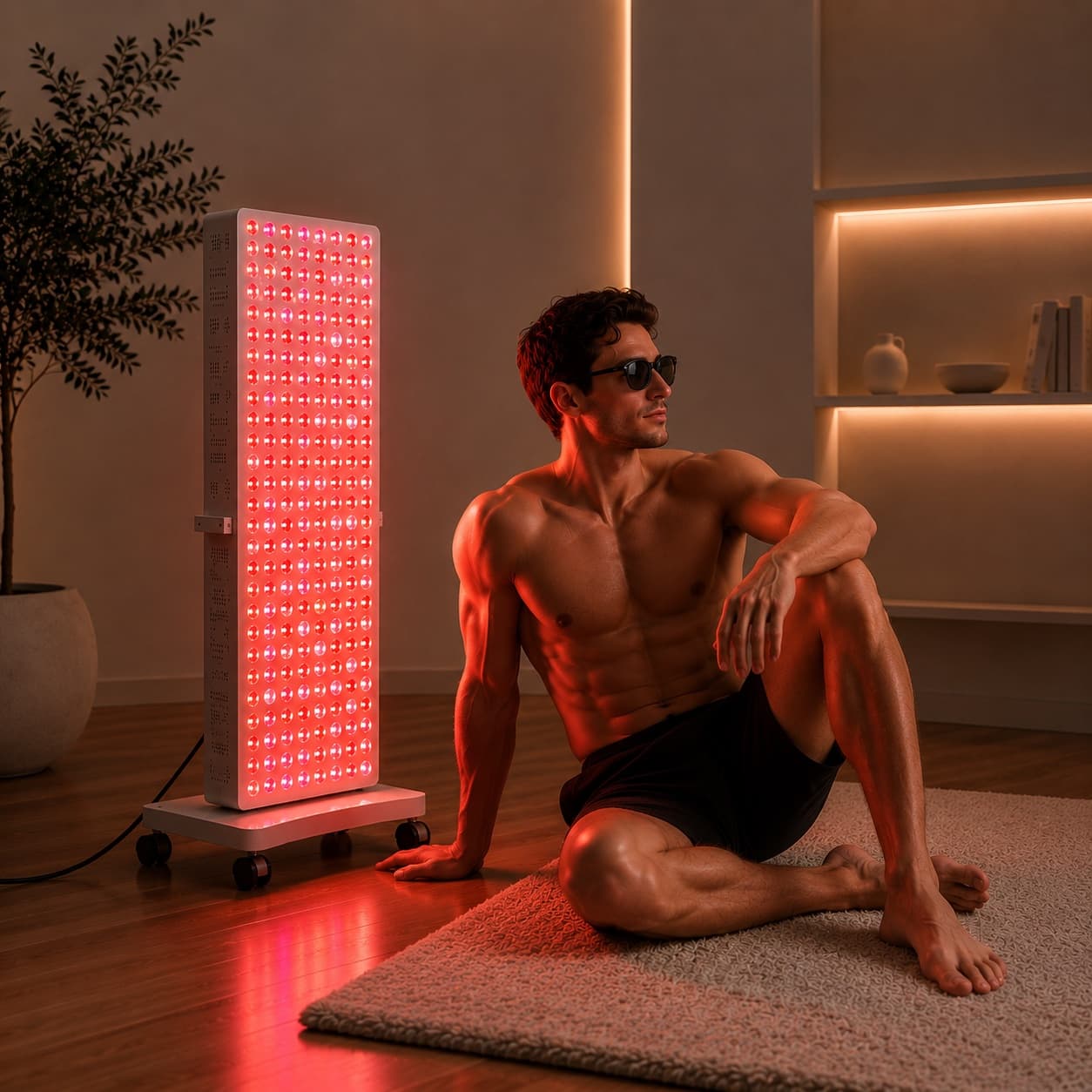Man wearing protective glasses sitting beside the illuminated Elite Series panel