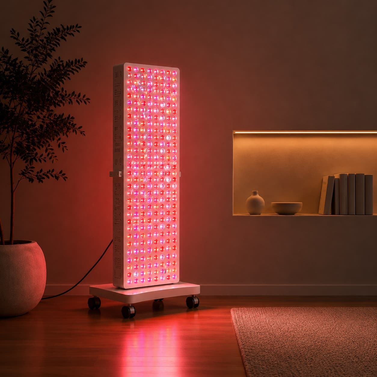 RoseLume Elite Series panel on its wheeled stand in a living room, LEDs illuminated